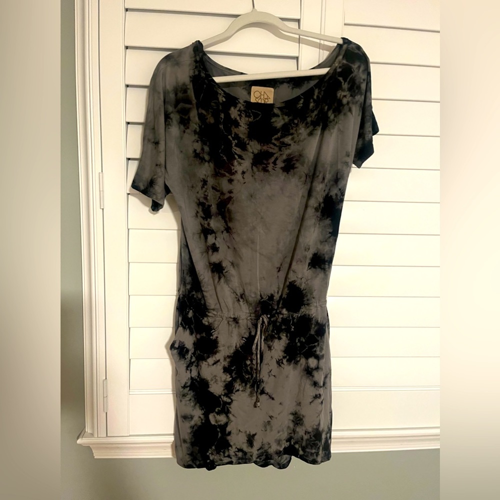 Chaser Womens Small Black Gray Tie Dye Jersey Knit Cinched Waist Mini Dress